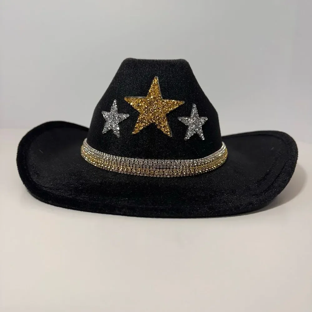 Cowgirl Hat Rhinestone-Embellished Stars Black Cowboy Hat Gold Silver | Women - Picture 2 of 14
